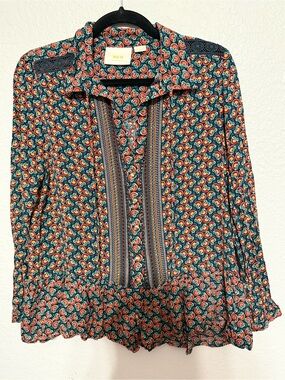 Anthropologie Teal and Orange Paisley Button-Down Blouse